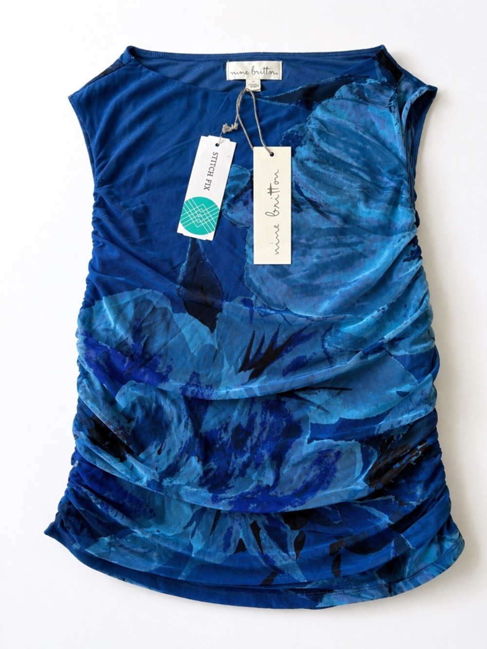 NWT Nine Britton Blue Floral Mesh Top Size M Ruched Sleeveless Sheer Blouse